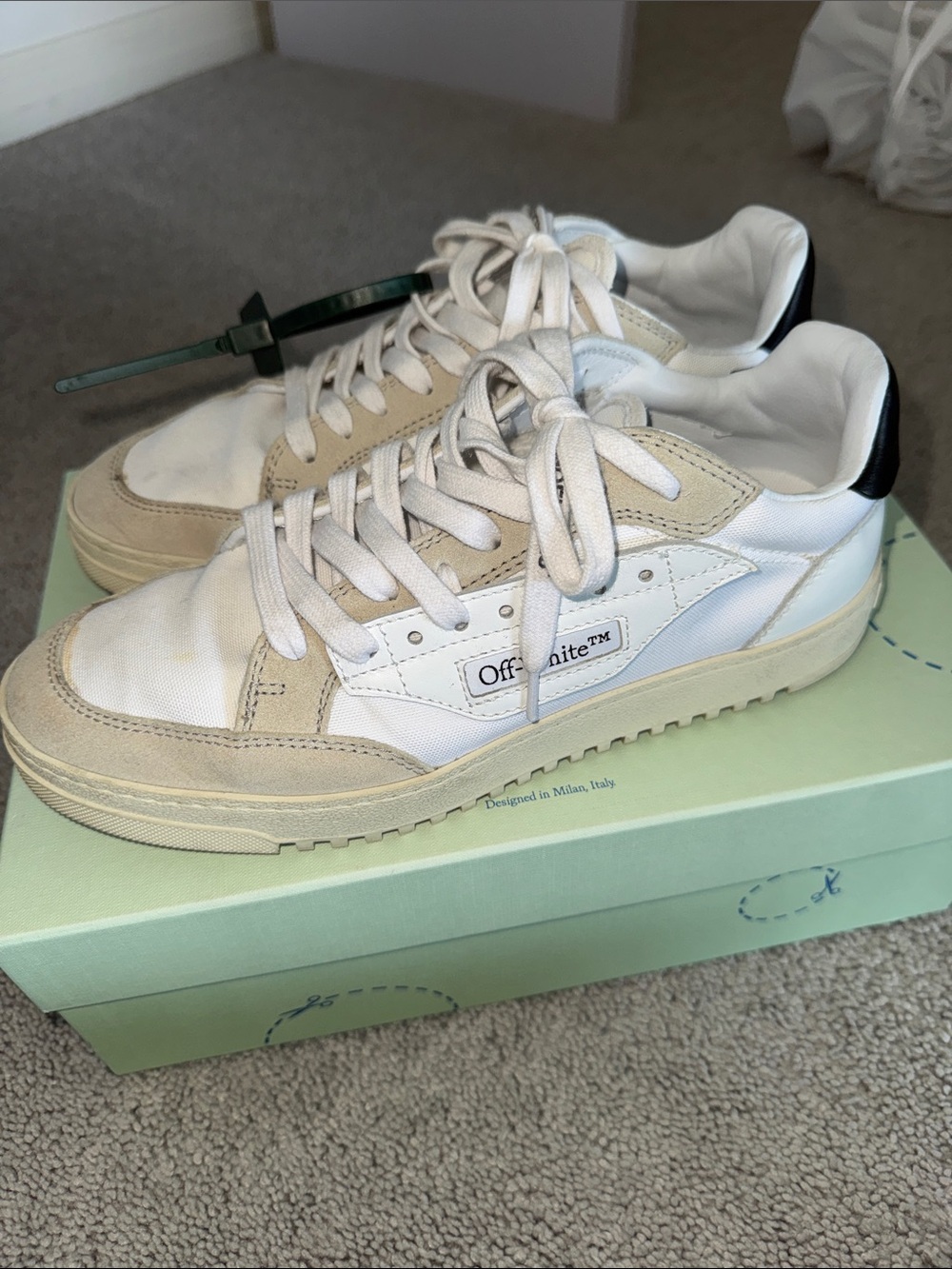 Off-White Low Top White and Beige Suede Sneakers with Black Heel Tab